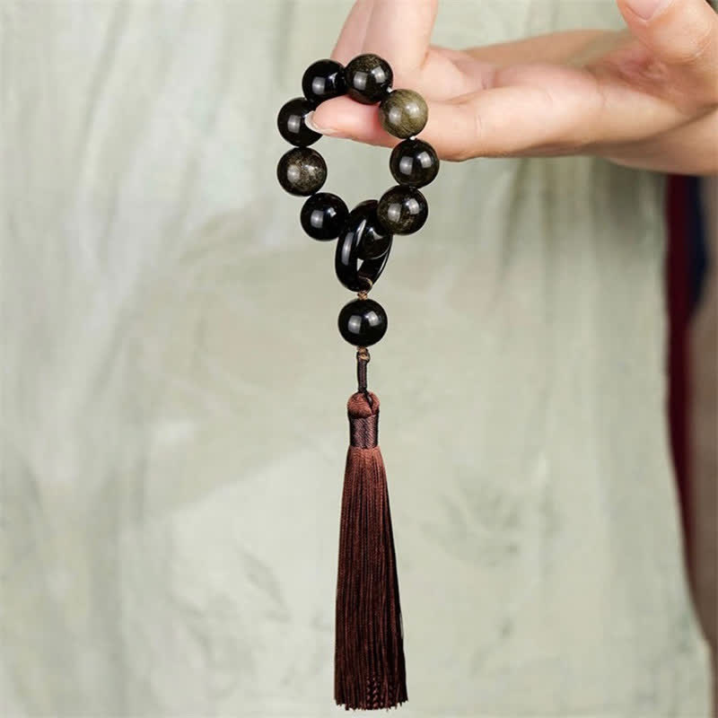 Buddha Stones Schwarzer Obsidian Stärke Quaste Handgelenk Mala