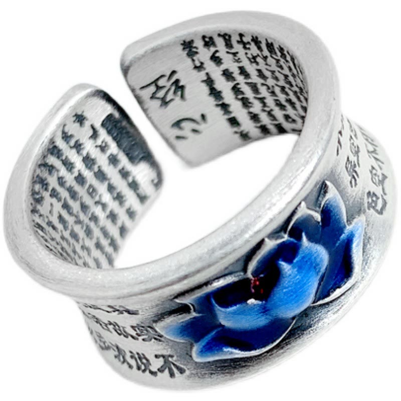 Buddha Stones, blauer Lotusblüten-Herz-Sutra-Ring mit graviertem Muster und Erleuchtung