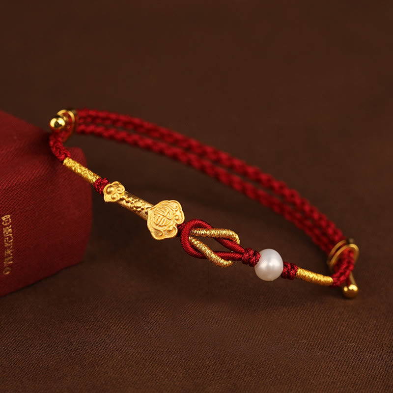 Buddha Stones 24K Gold Wish Ruyi Handle Fu Charakter Kaninchen Perle Glück geflochtenes Armband