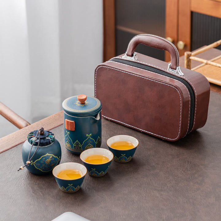 Buddha Stones Blume Chinesische Gongfu Keramik Teekanne Tragbare Outdoor Reise Tee-Set Tasche