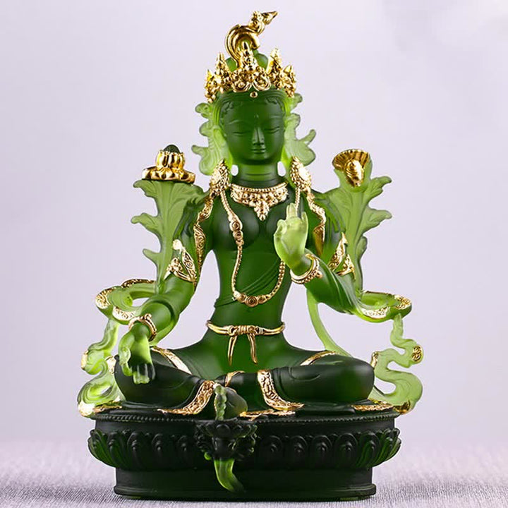 Bodhisattva Grüne Tara, handgefertigt, Liuli-Kristall, Kunststück, Schutz, Heimbüro, Statue, Dekoration