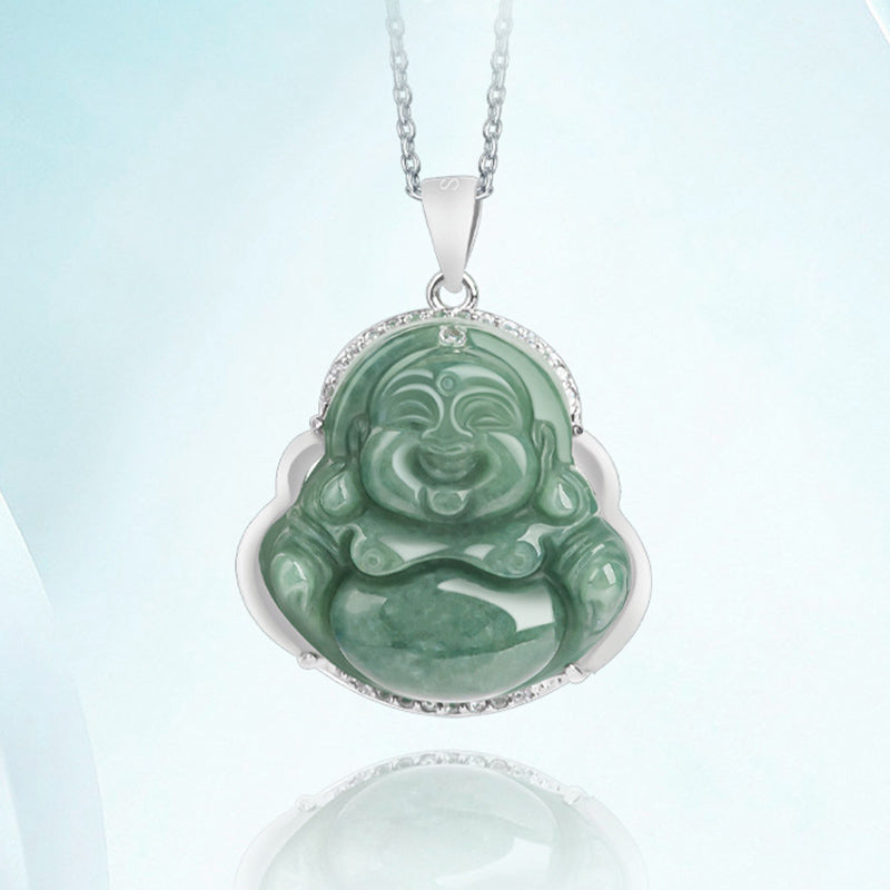 Buddha Stones 925 Sterling Silber Lachender Buddha Jade Fülle Halskette Kettenanhänger