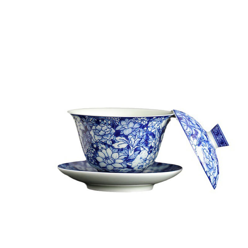 Buddha Stones Vintage blaue und Weiß Porzellan-Keramik-Gaiwan-Sancai-Teetasse Kung-Fu-Teetasse und Untertasse mit Deckel