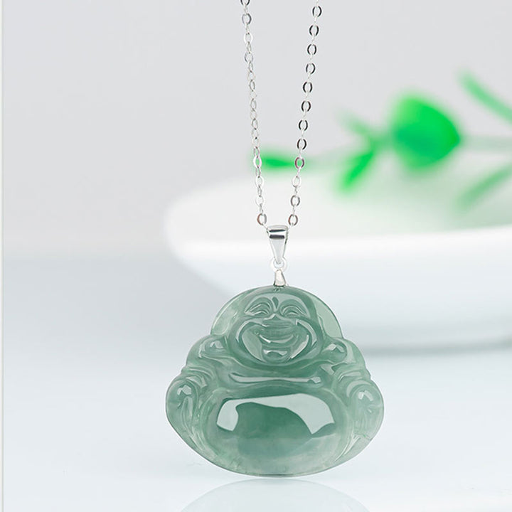 Buddha Stones 925 Sterling Silber Lachender Buddha Jade Schutz Ruhe Halskette Kettenanhänger