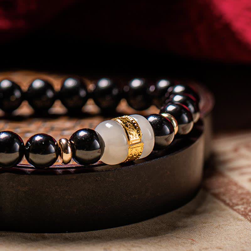 Buddha Stones Schwarzer Obsidian Jade Om Mani Padme Hum Stärke Paar Magnetarmband