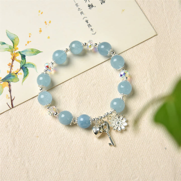 925 Sterling Silber natürliches Aquamarin Serenity Flower Love Schlüsselanhänger-Armband