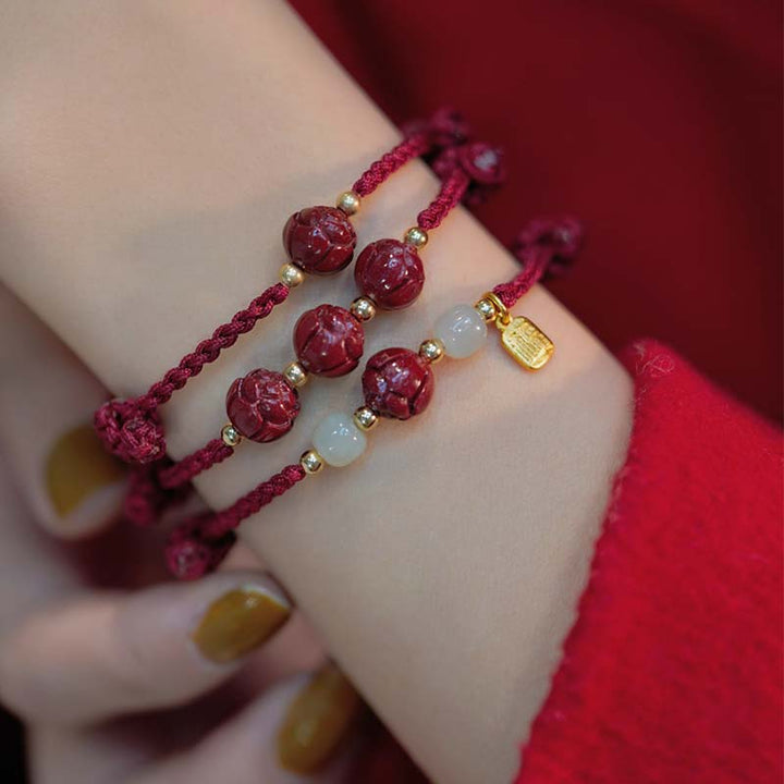 Buddha Stones Cinnabar Jade Lotus Calm Red String Weave Armband