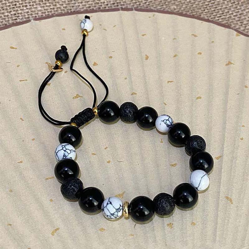 Buddha Stones Armband aus schwarzem Obsidian, Lavastein, Yin-Yang-Stärke