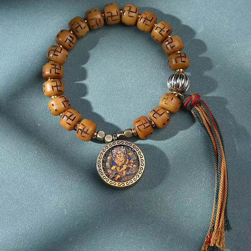 Buddha Stones, natürliches tibetisches Kamelknochen-Hakenkreuz-Dzi-Perle, Shankha-Buddha-Charm, Kirtimukha-Glücksschutz-Quastenarmband