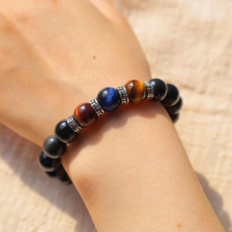 Natürliches schwarzes Obsidian-Tricolor-Tigerauge-Stärke-Armband