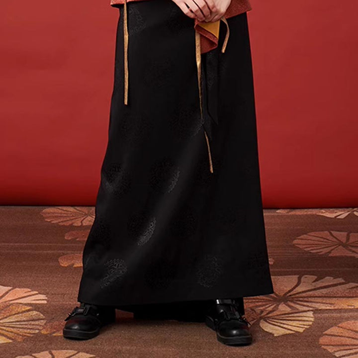 Buddha Stones Tibetisches Langarmkleid Lhasa Schwarzes langes Wickelkleid Maxikleid Damenbekleidung