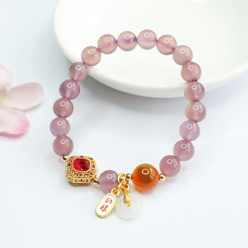 Charm-Armband mit Buddha Stonesn, natürlichem violettem Chalcedon, Bonbon-Achat, Friedensschnalle, Harmonie, Glück, Glück