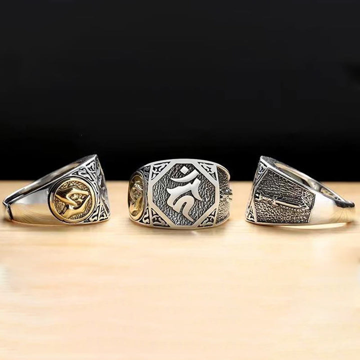 Verstellbarer Ring aus 925er-Sterlingsilber mit Buddha Stonesn, Sanskrit-Design, geschnitzter Schutz