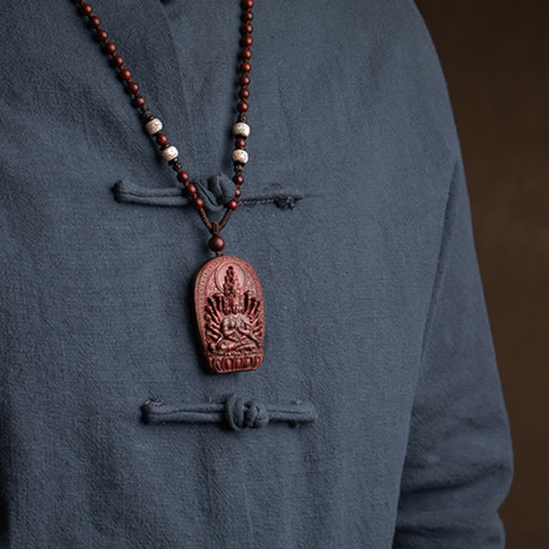 Chinesischer Sternzeichen-Natal-Buddha, kleines Blatt, rotes Sandelholz, Lotus-Schutz-Halsketten-Anhänger