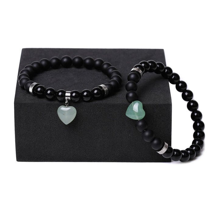 Buddha Stones 2-teiliges schwarzes Onyx-Kristall-Stein-Liebes-Herz-Schutz-Unterstützungs-Paar-Armband