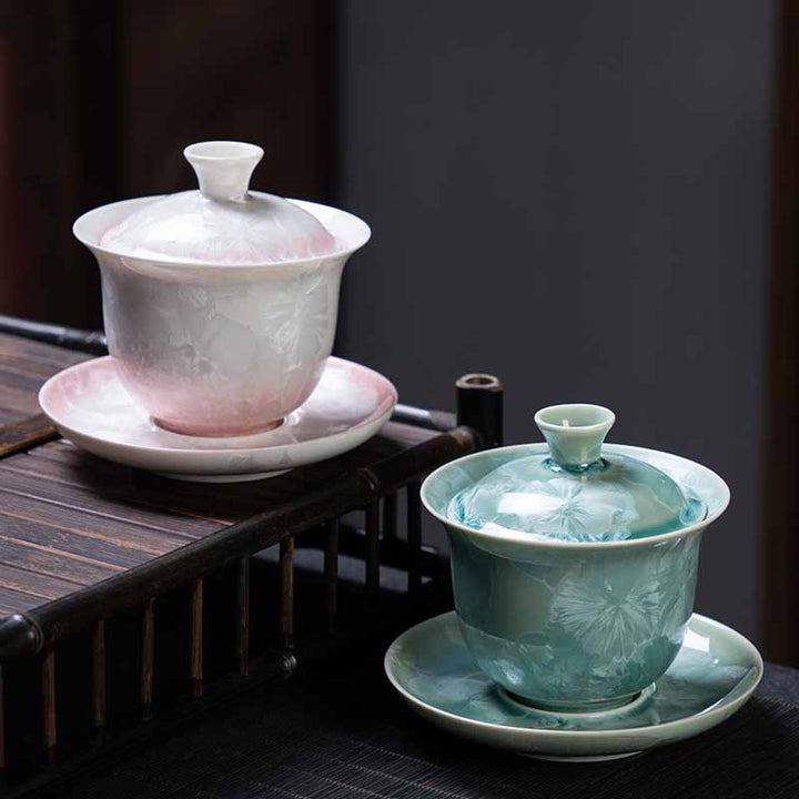 Buddha Stones Traditionelle glasierte Keramik Gaiwan Sancai Teetasse Kung Fu Teetasse und Untertasse mit Deckel 180 ml