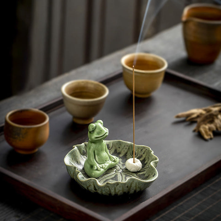 Buddha Stones, Blatt-Meditation, Frosch-Muster, heilende Keramik-Räuchergefäß-Dekoration