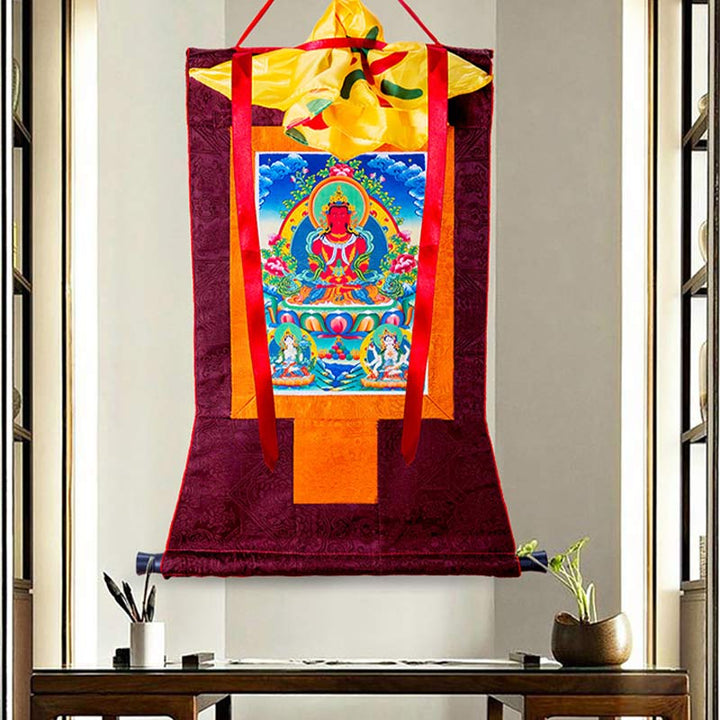 Tibetischer Langlebigkeits-Buddha, gerahmte Thangka-Segensdekoration