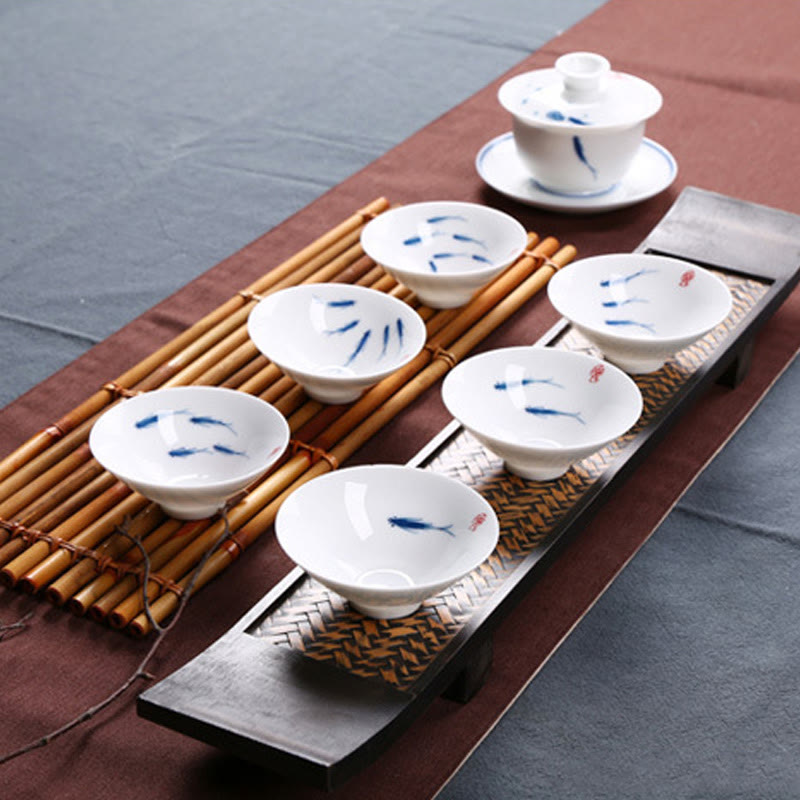 Buddha Stones Jingdezhen blaue und Weiß Porzellan-Koi-Fisch-Teetasse aus Keramik, Kung-Fu-Teetassen