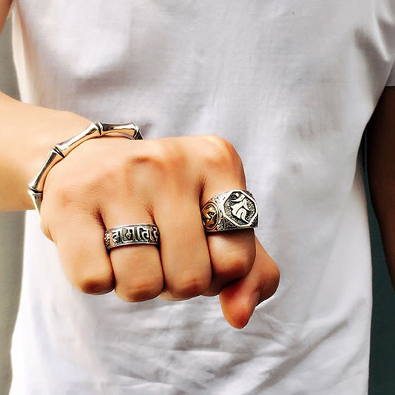 Verstellbarer Ring aus 925er-Sterlingsilber mit Buddha Stonesn, Sanskrit-Design, geschnitzter Schutz