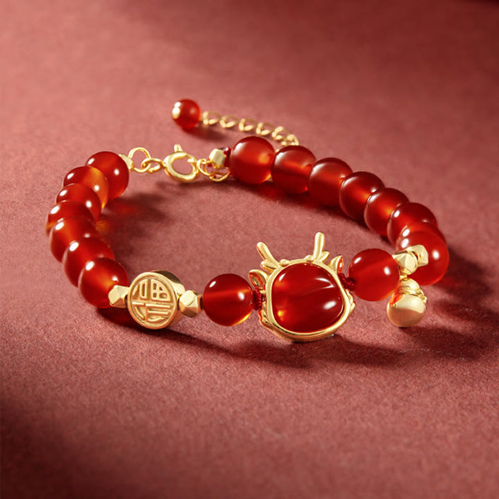 Buddha Stones 925 Sterling Silber vergoldet 18 K Gold Jahr des Drachen natürlicher roter Achat Fu Charakter Kürbis Kupfer Münze Erfolg Armband Halskette Anhänger