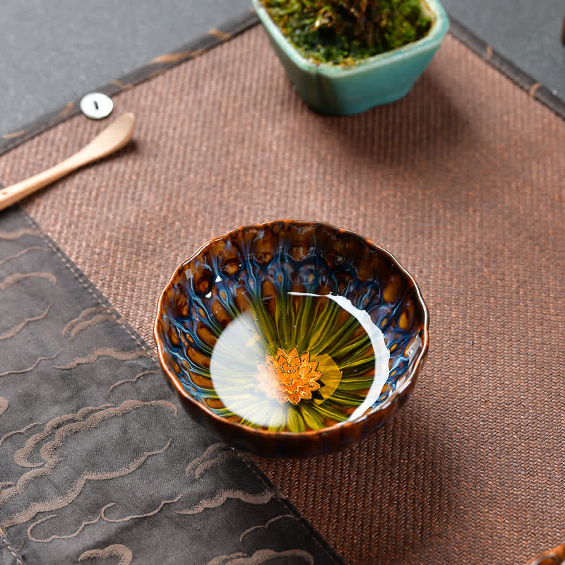 Buddha Stones Lotus Pfau Drache Phönix Koi Fisch Keramik Teetasse Gold Silber eingelegte Teetassen 120 ml