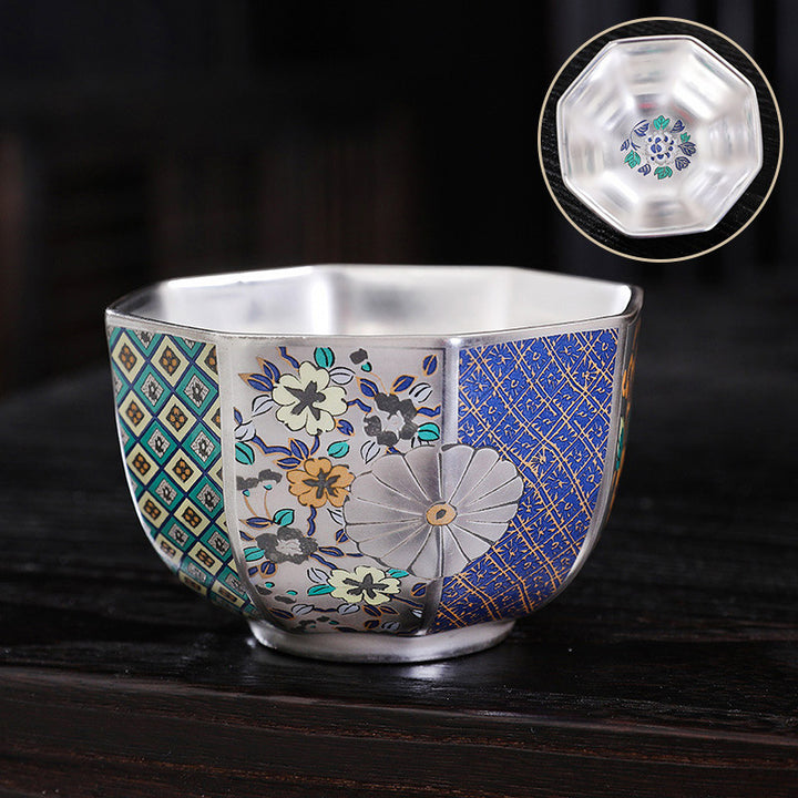 Buddha Stones 999 Sterling Silber Vergoldung Chrysanthemenblüten Keramik Teetasse Kung Fu Teetasse