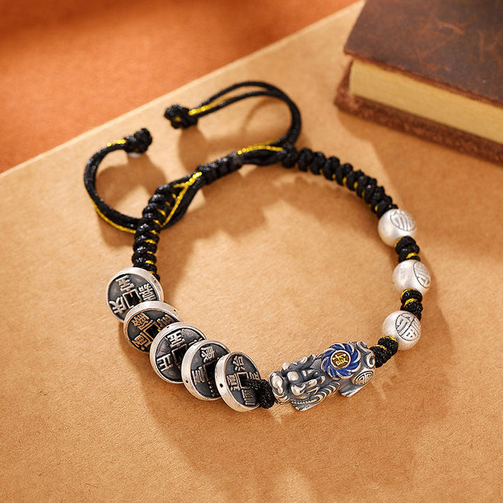 Buddha Stones 999 Sterling Silber FengShui PiXiu Kupfer Münze Fu Charakter Reichtum geflochtenes Armband