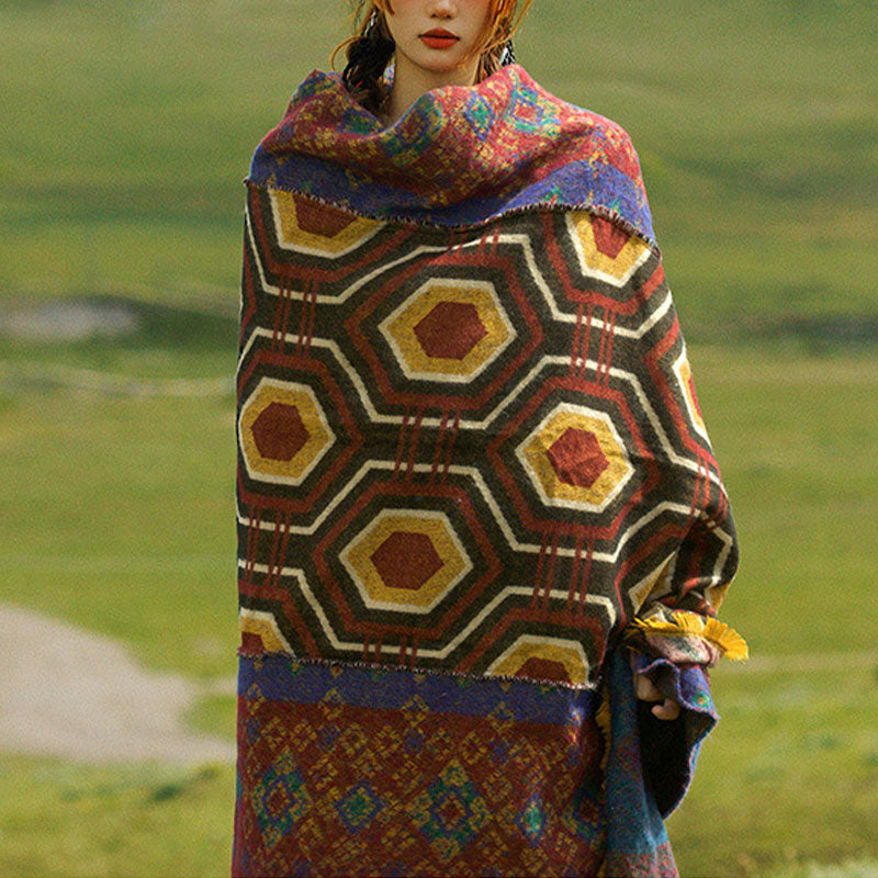 Tibetischer Schal mit Buddha Stonesn, braun, blau, rot, geometrische Formen, Muster, Winter, gemütlicher Reiseschal