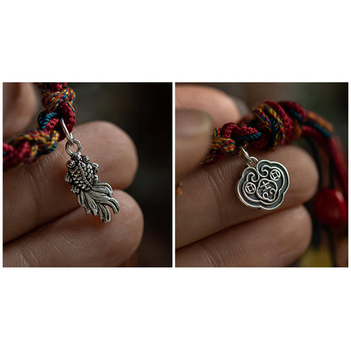 Buddha Stones, tibetischer handgefertigter bunter Faden, 925er-Sterlingsilber, Koi-Fische, Schutz, Stärke, Schnur-Armband