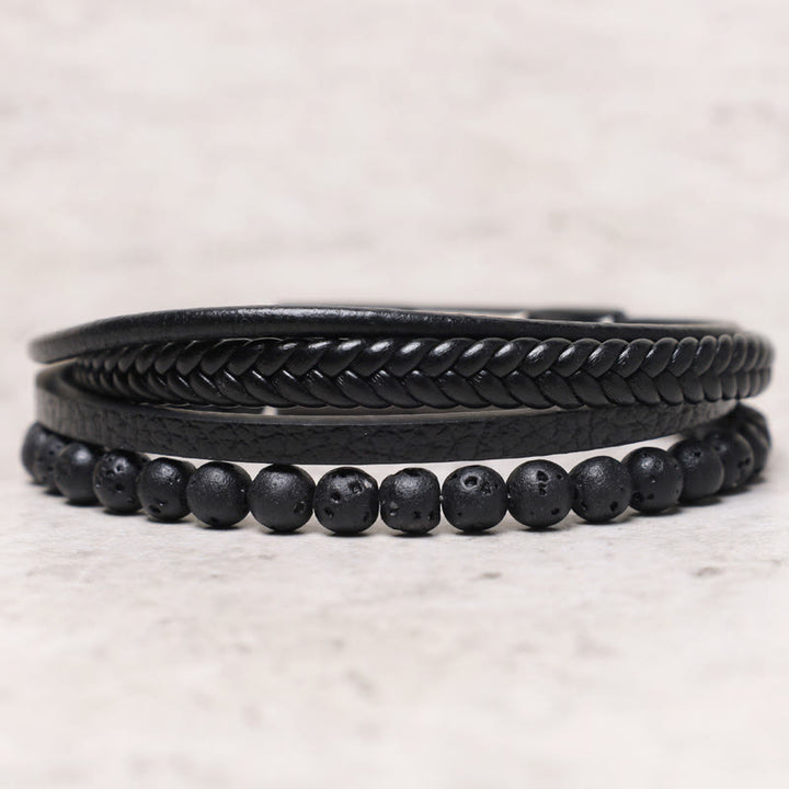 Buddha Stones, natürliches Lavagestein, schwarzes Onyx-Perlen-Lederarmband