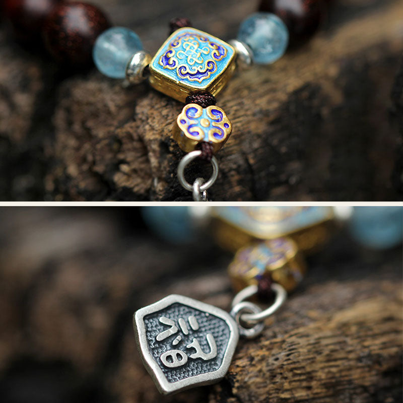 Buddha Stones, 925er-Sterlingsilber, indisches kleines Blatt, rotes Sandelholz, Aquamarin, voller Goldstern, chinesisches Knoten-Segen-Armband