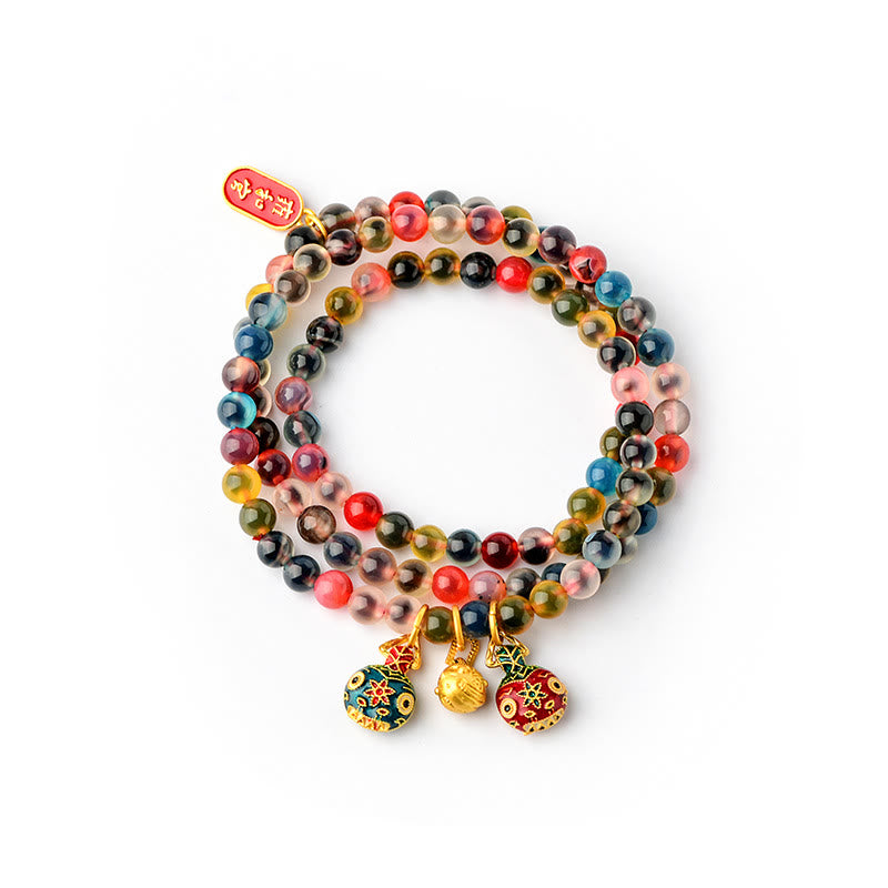 Dreifach gewickeltes Armband mit Buddha Stonesn, buntem Bonbon-Achat und Gold, schluckendes Tier, Familienstärke, Charm