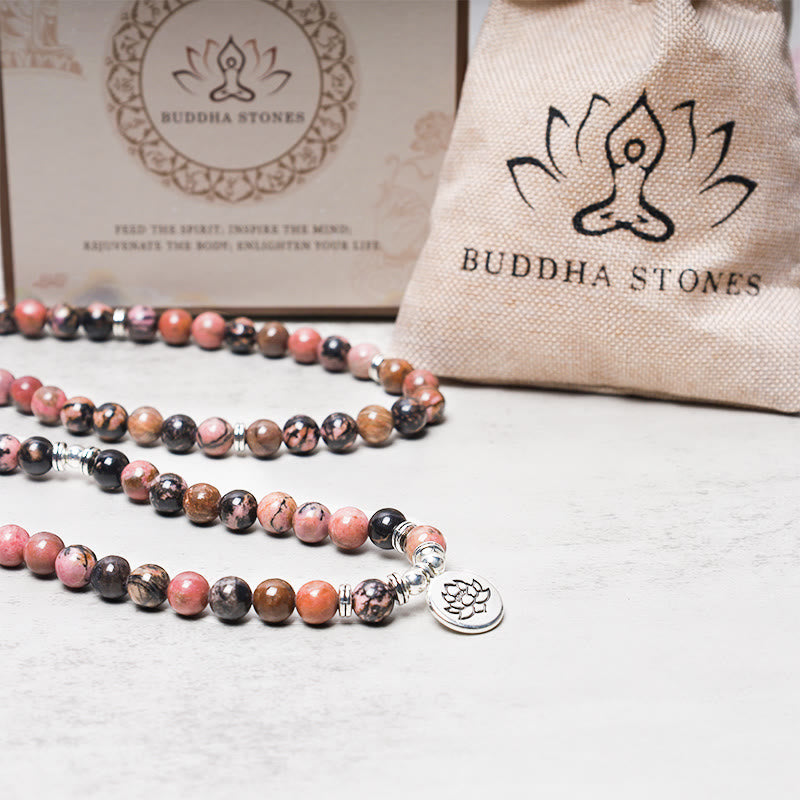 Buddha Stones 108 Mala Perlen Rhodonit Lotus Mitgefühl Energie Armband