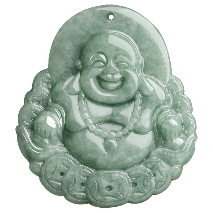 Buddha Stones, lachender Buddha, natürlicher Jade-Kupfer-Münzen-Halsketten-Anhänger