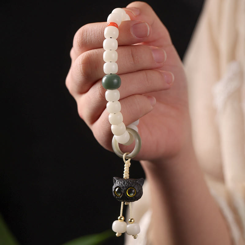 Armband mit Buddha Stonesn, natürlichem Bodhi-Samen, afrikanischem Schwarzholz, hübscher Katzenanhänger, Friedensharmonie