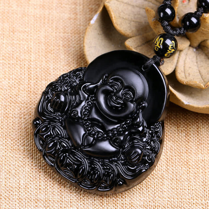 Buddha Stones Lachender Buddha Schwarzer Obsidian Kraftschutz Anhänger Halskette