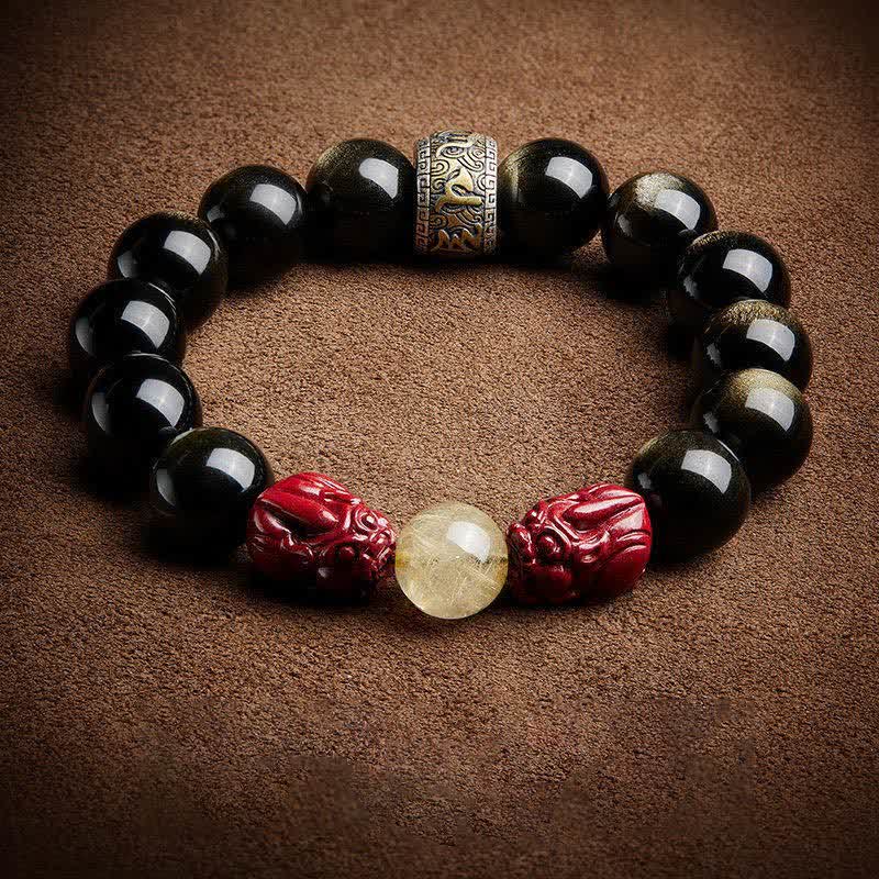 Buddha Stones Gold Sheen Obsidian PiXiu Cinnabar Om Mani Padme Hum Schutzarmband