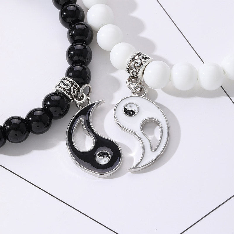 Buddha Stones 2-teiliges schwarzes Onyx- Weiß Türkis-Perlen-Yin-Yang-Schutz-Paar-Armband