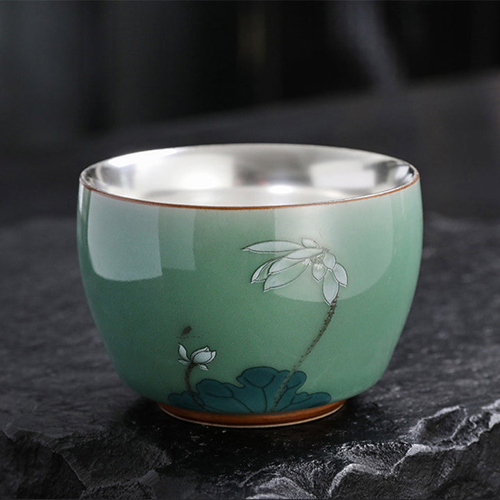 Buddha Stones 999 Sterling Silber Vergoldung Schmetterling Goldfisch Lotus Koi Fisch Keramik Teetasse Kung Fu Teetasse 120 ml