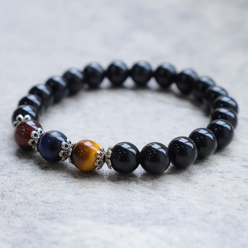 Natürliches schwarzes Obsidian-Tricolor-Tigerauge-Stärke-Armband