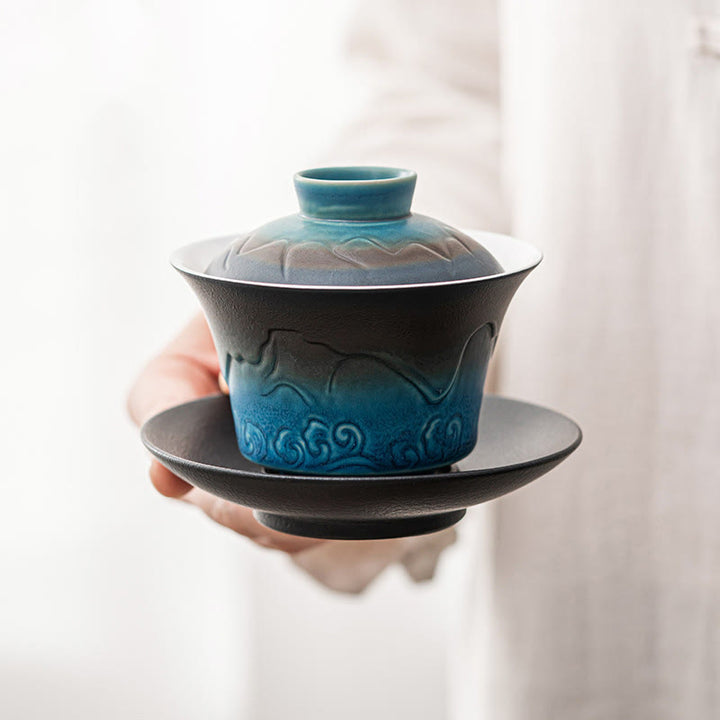 Buddha Stones Retro Blue Ocean Sea Waves Farbverlauf Keramik Gaiwan Sancai Teetasse Kung Fu Teetasse und Untertasse mit Deckel