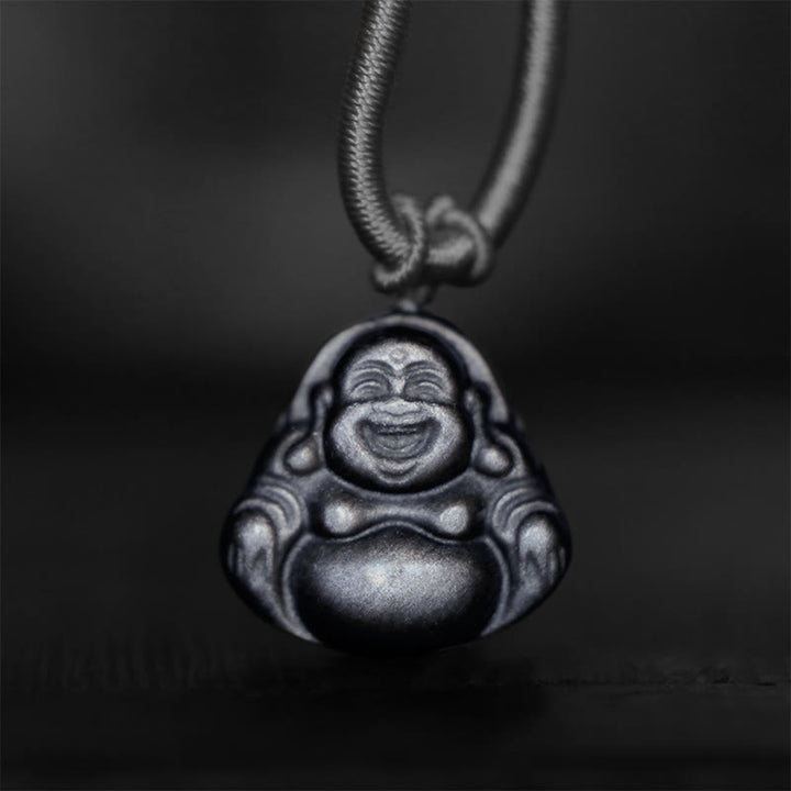 Buddha Stones, natürlicher silberfarbener Obsidian, lachender Buddha-Schutz-Halsketten-Anhänger