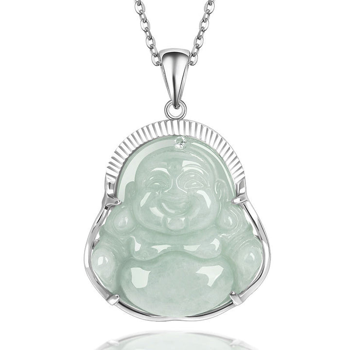 Buddha Stones 925 Sterling Silber Lachender Buddha Jade Glück Ruhe Halskette Kettenanhänger