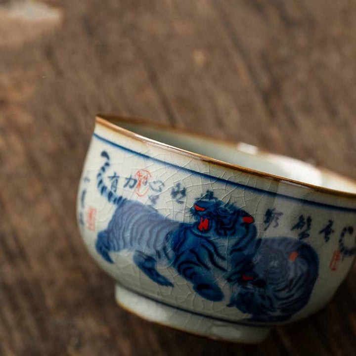 Buddha Stones Jingdezhen handbemalte niedliche Tiger-Teetasse aus Keramik, Kung-Fu-Teetasse, Schüssel, 140 ml