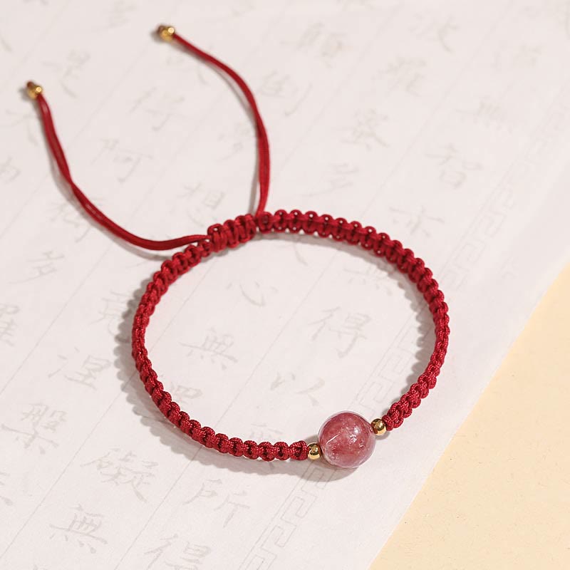 Buddha Stones natürliches Erdbeerquarz-Kristall-Liebes-Armband mit rotem Schnurgeflecht, Fußkettchen