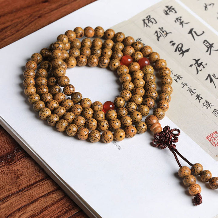 Buddha Stones, 108 Mala-Perlen, Bodhi-Samen, roter Achat, Glücksbringer-Armband