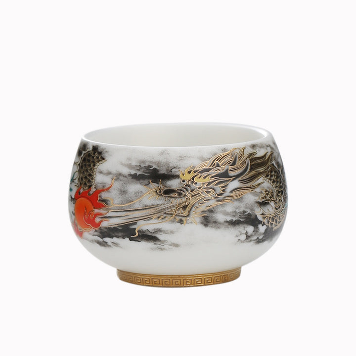 Buddha Stones Drache spielt mit Perlen-Design, Weiß Porzellan-Keramik-Teetasse, Kung-Fu-Teetasse, 160 ml