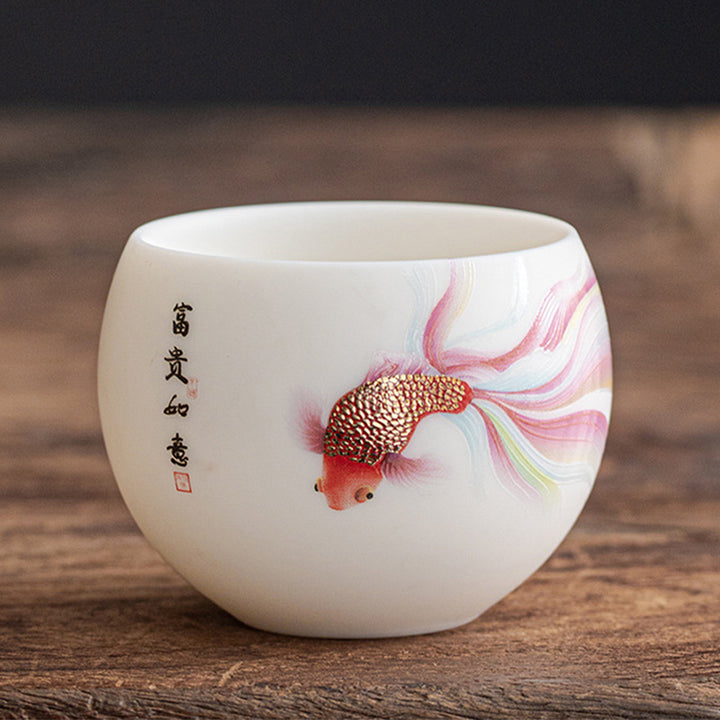 Buddha Stones Koi Fisch Weiß Porzellan-Keramik-Teetasse Kung-Fu-Teetasse