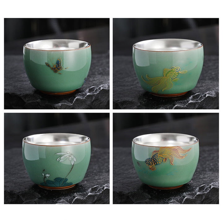 Buddha Stones 999 Sterling Silber Vergoldung Schmetterling Goldfisch Lotus Koi Fisch Keramik Teetasse Kung Fu Teetasse 120 ml